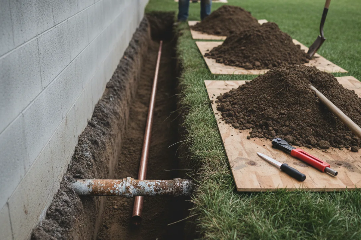 Excavated water line trench during Sewer Line Repair in Cherokee